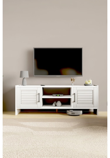 Molde Retro Tv Sehpası Mdf Membran Kapaklı Raflı Tv Ünitesi Televizyon Sehpası Beyaz