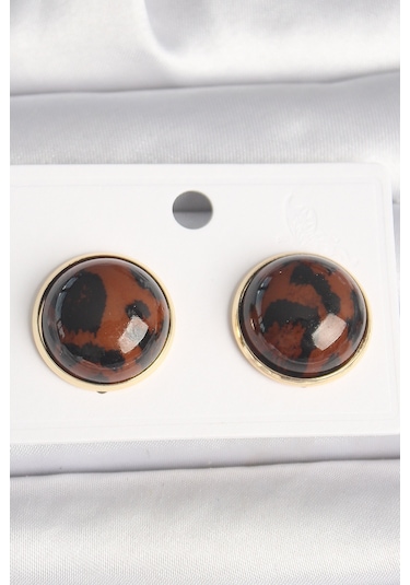 Pirinç Gold Renk 3d Daire Leopar Model Kadın Küpe Çok Renkli