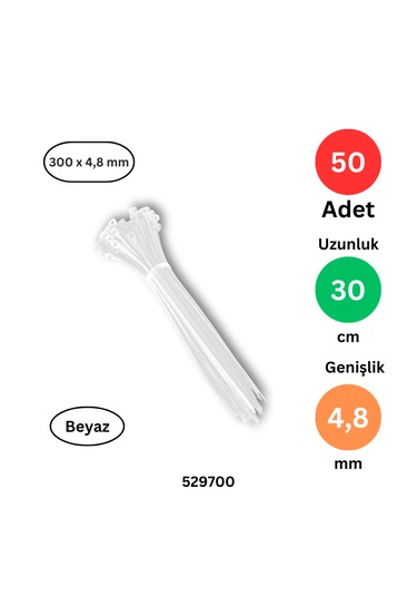 Plastik Kablo Bağı Klipsi Cırt Kelepçe 300 X 4.8 Beyaz 50 Adet Beyaz