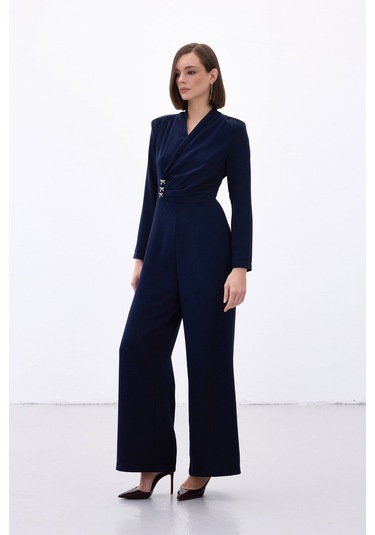 Sateen Fiyonk Aksesuarlı Krep Tulum - Lacivert-136703 Lacivert
