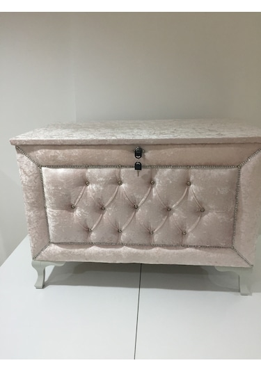 Çeyiz Sandık Kapitone Büyük Tek Model Krem Kadife Kumaş İçi Kırmı (322730691)