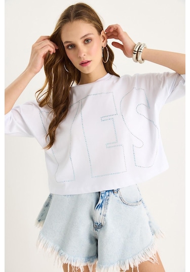 Shade Bisiklet Yaka Taş Baskılı Basic Salaş T-shirt 60602061 - Beyaz