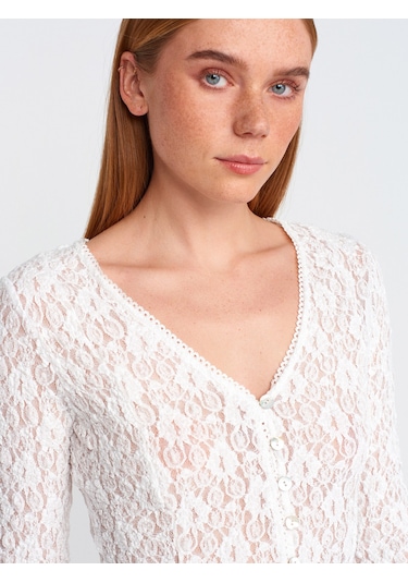 Dilvin 60433 Düğmeli Peplum Dantel Hırka-ekru Ekru