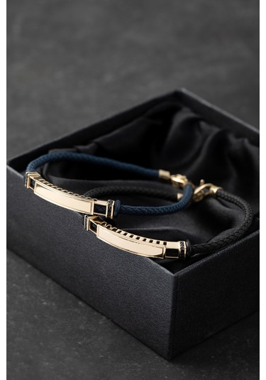 14 Ayar Altın Plaka Lacivert Kauçuk Erkek Bilekliği Lacivert
