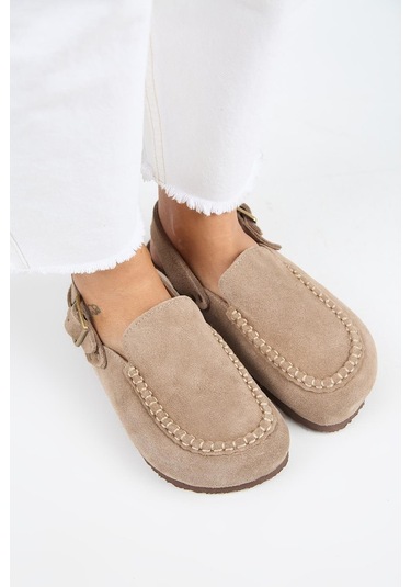 Manijero Alba Mnr.010.01 Kadın Vizon Günlük Hakiki Deri Sandalet Terlik Vizon