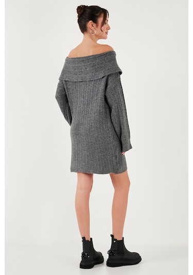 Lela Oversize Fit Kayık Yaka Uzun Kollu Mini Triko Bayan Elbise 4615218 Antrasit