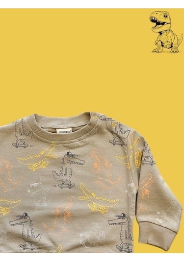 Cantoy Erkek Bebek Dinazor Desenli Sweatshirt-15354 Kahverengi