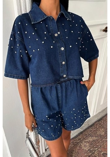 Taş Detaylı Gömlek Şort Denim Takım 10175 Deni M