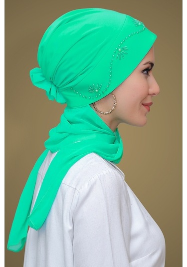 Su Yeşili Pratik Hazır Geçmeli Tesettür Bone Sandy Kumaş Güllü Iş Su Yeşili