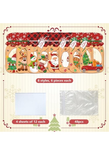 Geeksen 48 Adet Noel Temalı Şeker Sarma Kartı Seti - 8 Farklı Desenli Noel Baba, Geyik, Kar Tanrısı - Transparent Poşet Ve Çift Taraflı Bantlı - Noel Partileri, Hediyeler İçin