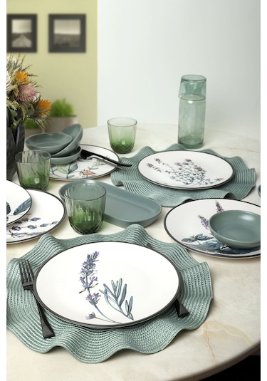 Keramika Çiçek Bahçesi Kahvaltı Takımı 14 Parça 6 Kişilik Mat Yeşil