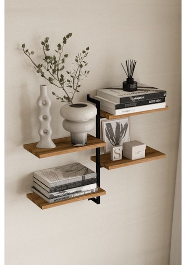 Aju 4 Katlı Duvar Rafı Metal Çerçeveli Dekoratif Kitaplık Ve Raf Ünitesi Modern Ve Minimalist Tasarımm Siyah