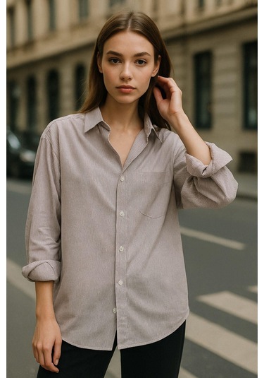 Kadın Bordo Çizgili Beyaz Oversize Gömlek Over Fit Relaxed Gömlek Çok Renkli