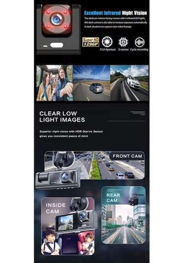 Araç İçi Wi-fi Güvenli Sürüş Kamerası Ön İç Arka 3 Kameralı G-sensör Mobil Uygulama İle Kolay İzleme