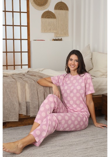 Kadın Yazlık Kısa Kol Penye Süprem Kumaş Pijama Takımı Koyu Pembe