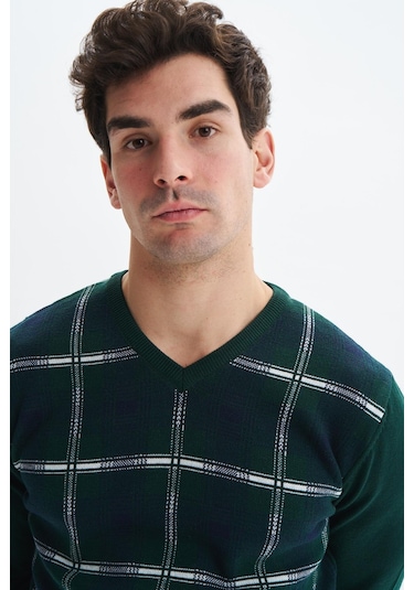 Arma Erkek Slim Fit Likralı Akrilik Kumaş V Yaka Kareli Kazak K0kro0860 Yeşil