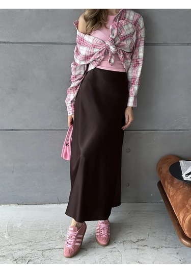 Lu&be Saten Uzun Maxi Etek 317240339 Çikolata