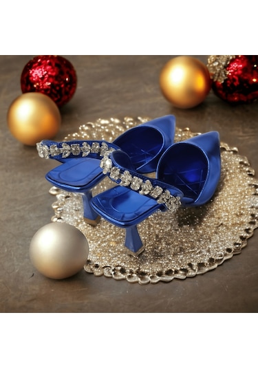 Tarzbu Lks İnce Topuklu Taşlı Parlak Mavi Renk Abiye Ayakkabı Mavi