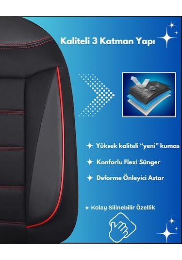 Renault Clio 4 Araçlara Uyumlu Tam Takım Flex K Model Oto Koltuk Kılıfı Siyah-kırmızı