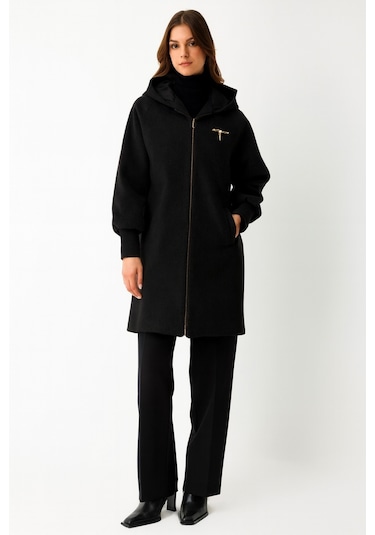 Fermuar Kapamalı Kapişonlu Kaban Siyah Siyah