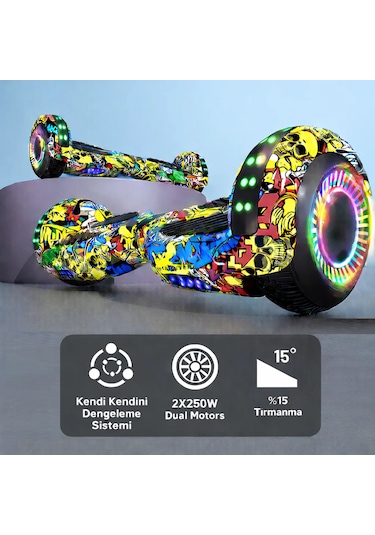 Elektrikli Kaykay Hoverboard Bluetooth Hoparlörlü 6.5 Inch Otomatik Akıllı Denge RS-S5 -Rainbow Mix