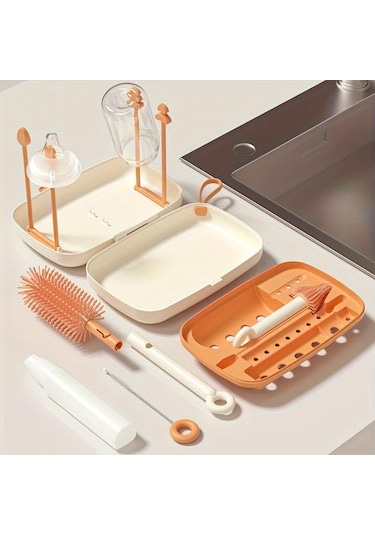 Elmpaly Mavi Sku Silikon Biberon Emzik Fırçası Seti Saklama Kutusu Kurutma Askısı Pipet Fırçası Seyahat Seti