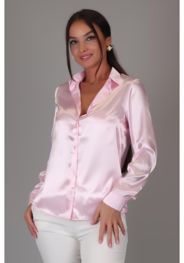 Sweetness Kadın Pembe Saten Uzun Kol Abiye Gömlek Pembe