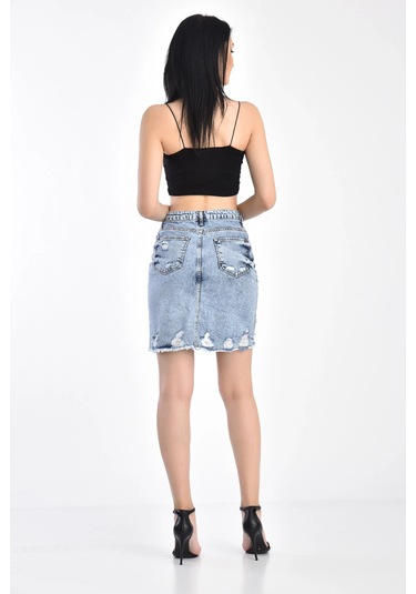 Açık Mavi Lazerli Yırtıklı Kar Yıkama Kot Etek 001