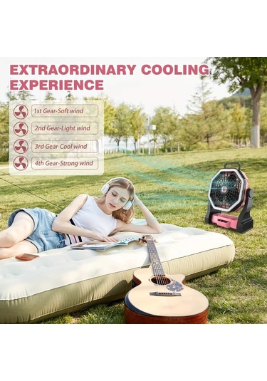 Motion003 Roykaw 10000mah Sarj Edilebilir Kamp Fanli Telefon Sarjli Led Aydinlatmali Cadir Fan Pembe