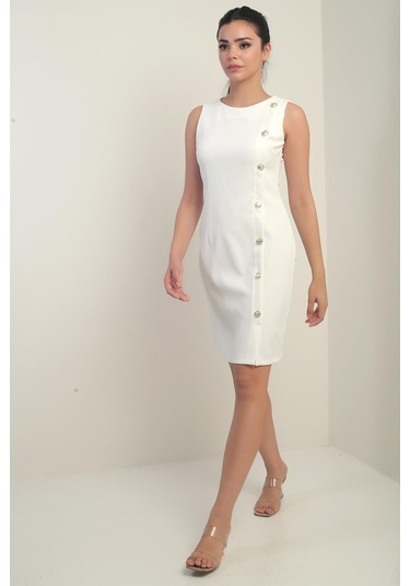 Kadın Kendinden Telalı Yan Düğmeli Kısa Elbise-41015 Ekru