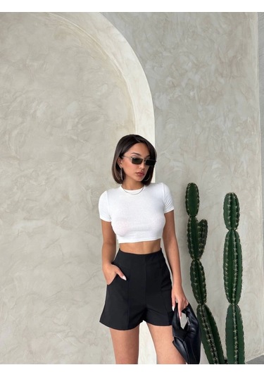 Yüksek Bel Parçalı Double Kumaş Şort S25312 Siyah