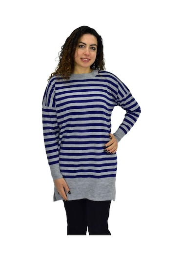 Kadın Çizgili Oversize Kazak Bgl-st04083 Saks Mavi