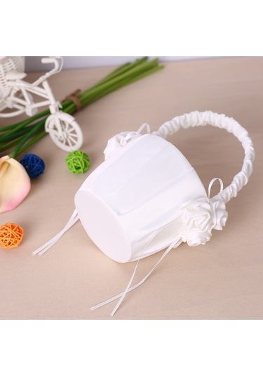 Novahub Beyaz Saten Düğün Çiçek Kızı Sepeti, Çiçekli Dekorasyon Düğün Malzemeleri