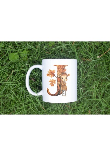 J Harf Sonbahar Yaprak Temalı Kupa Bardak - Sevimli Figürler İle Alfabe Harfli Bardak - Kişiye Özel Beyaz