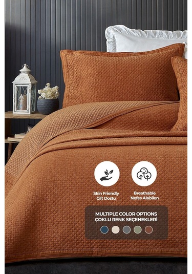 Evlen Home %100 Pamuk Çift Kişilik Özel Taş Yıkama Yatak Örtüsü Lüks Yumuşak Dayanıklı Modern Vitali Turuncu
