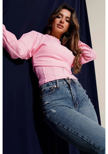 Biçomi Fitilli Bisiklet Yaka İkili Bluz Pembe T4341 Pembe