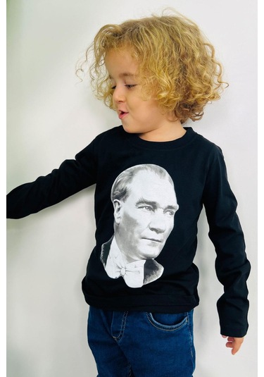 Breeze Erkek Çocuk Uzun Kollu Tişört Atatürk Baskılı 5-14 Yaş, Siyah Siyah