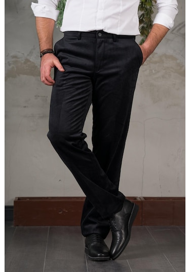 İnce Fitilli Regular Kesim Boru Paça Erkek Kadife Pantolon siyah Siyah