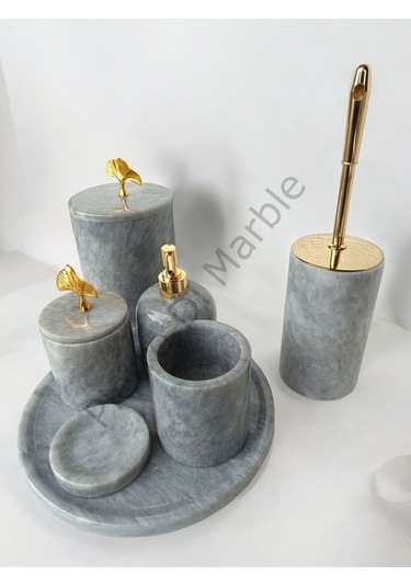 Gri Mermer Klasik Model 7 Parça Gold Renk Japon Gülü Aksesuarlı Banyo Seti Gri