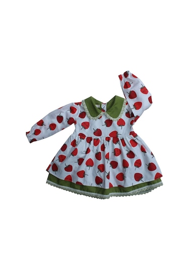 Bebe Yaka Çilek Desenli Dantel Detaylı Kız Çocuk Bebek Elbise 001