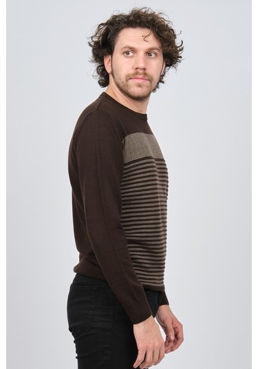 Desen Triko Erkek Bisiklet Yaka Desenli Yün Kazak 0249639 Kahvere Kahverengi