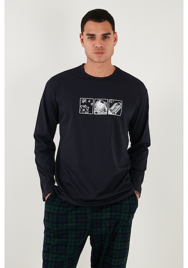 Buratti Ekoseli Pamuklu Regular Fit Yüksek Bel Bisiklet Yaka Erkek Pijama Takımı 6574000 Lacivert