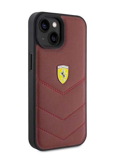 İphone Uyumlu 15 Kılıf Ferrari Lisanslı Deri Dikişli Arka Yüzey Metal Logo Tasarımlı Kapak Kırmızı