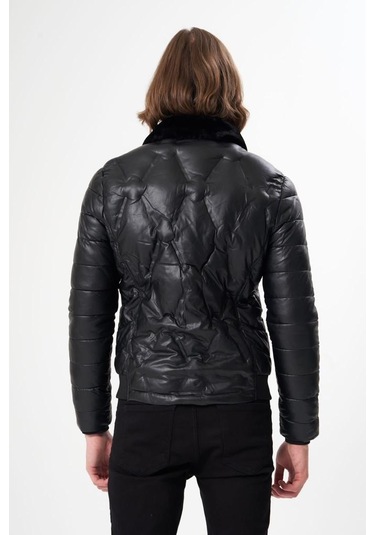 Erkek Yakası Kürklü Deri Mont Siyah Acı Kahverengi