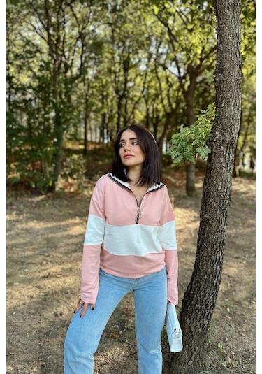 WeShaya Kadın Pembe Uzun Kol, Dik Yaka, Fermuarlı, Double Color Block Basic Sweatshirt Bluz Pembe
