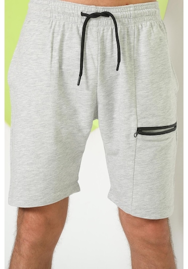 Erkek Fermuar Detaylı Şort Gri Melanj