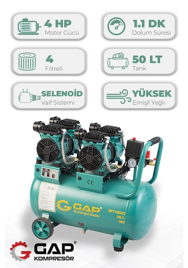 Gap Kompresör Gpy 1500x2 Hava Kompresörü Yüksek Emişli Yağsız Teknoloji 50 L