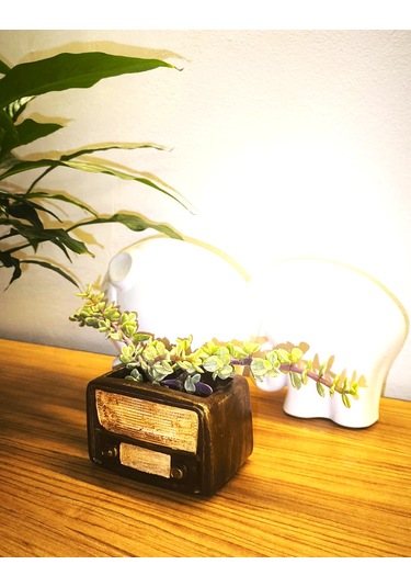 Artepieza Retro Radyo Sukulent Saksısı Ve Kalemlik - Masaüstü Dekoratif Organizer Kahverengi 12 8 12cm