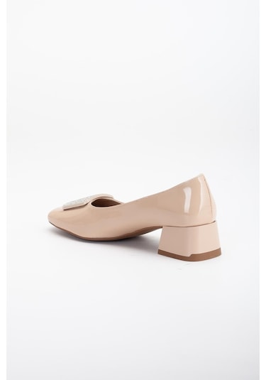 Büyük Numara Rugan Kare Taşlı Ten Kadın Kısa Topuklu Ayakkabı-3148-ten Ten