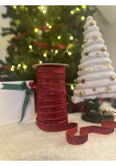 Ykdf006-yılbaşı Simli Kırmızı Kadife Şerit Noel Çam Ağaç Süsü 5 Mt